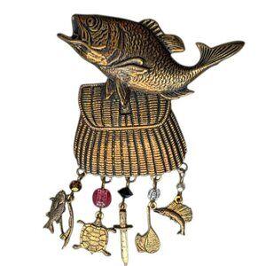 Vintage Fishing Creel Basket Brooch Pin Fish Dangling Charms Turtle Knife Beads